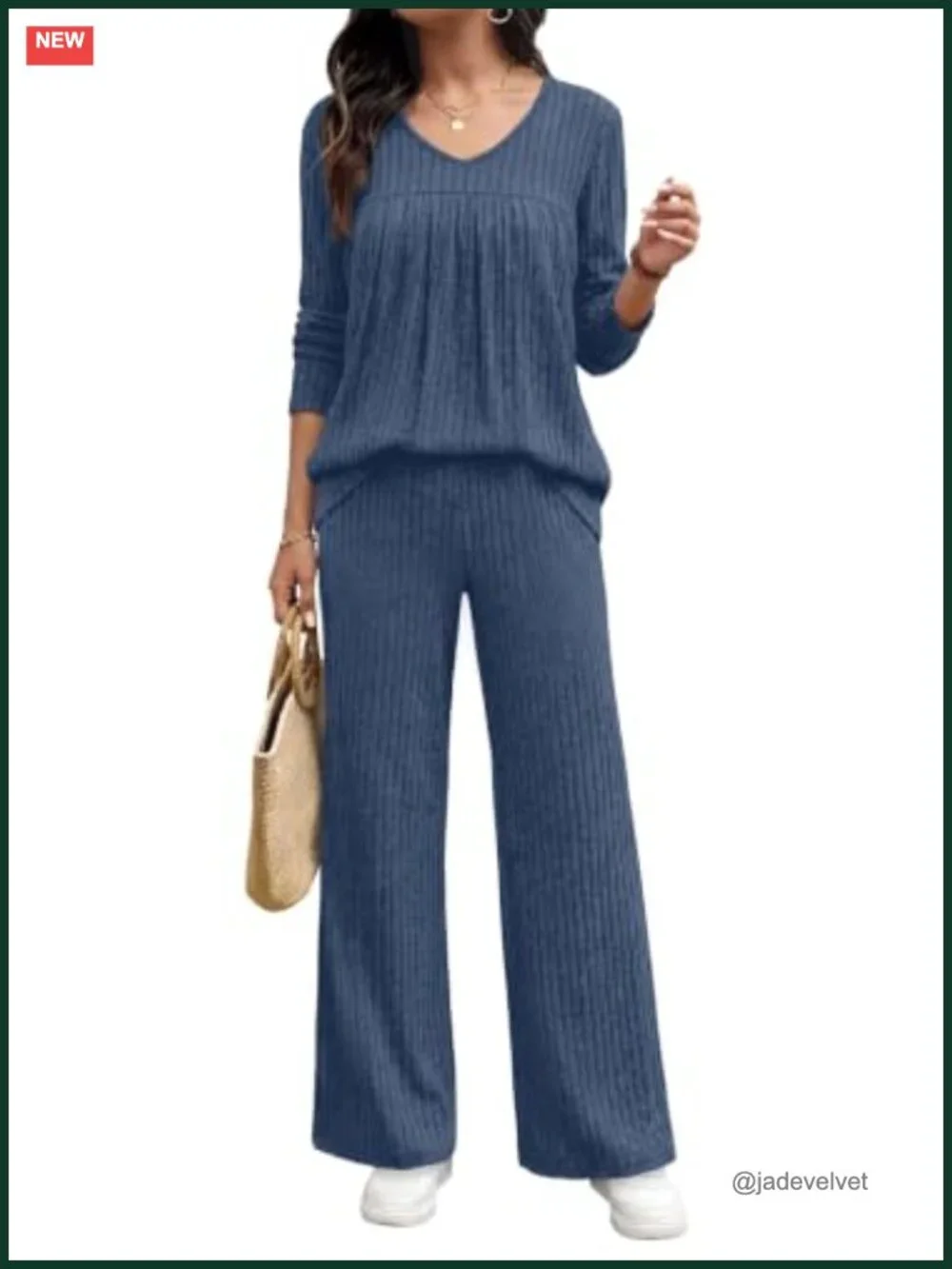 Women's 2 Piece Sweater Lounge Set V-Neck Wide Leg Pants
